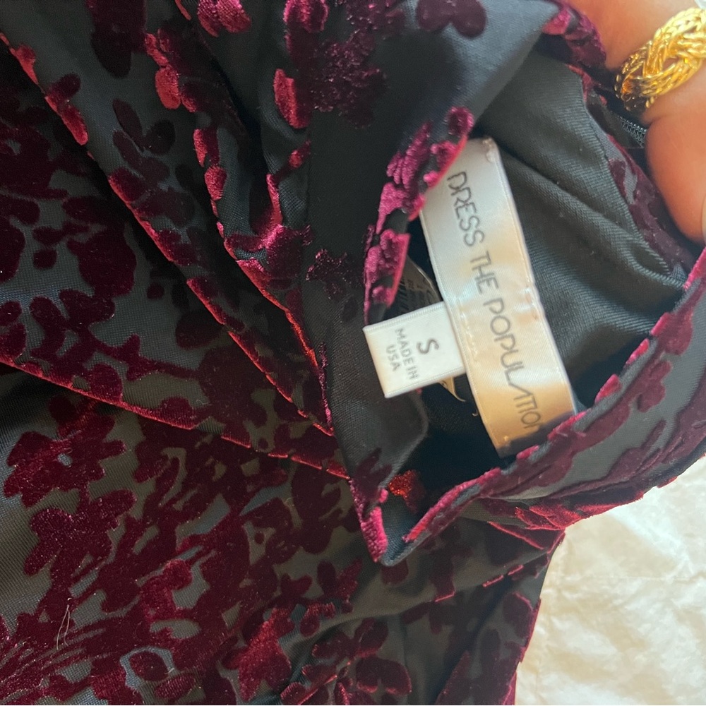 Dress the Population crushed burgundy velvet long sleeve high neck mini dress